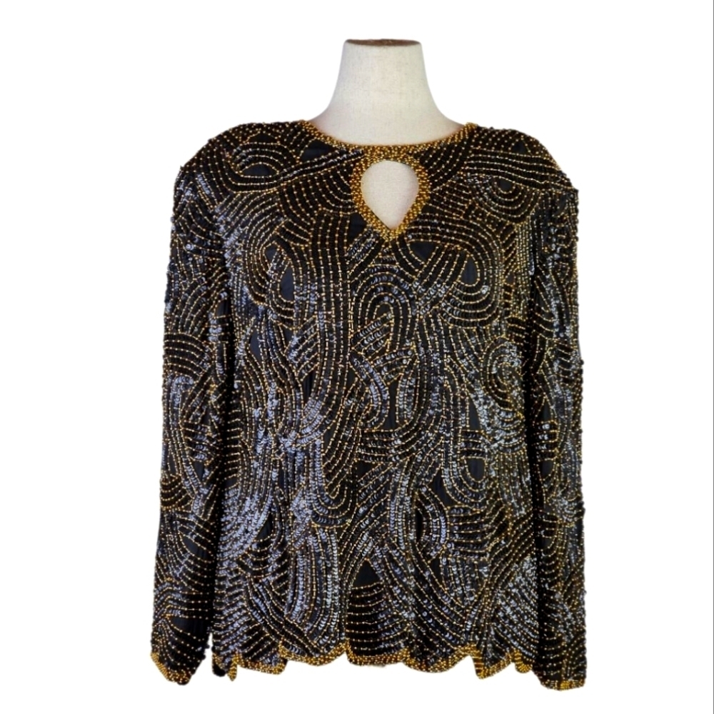 Vintage Royal Feelings Black Gold Beaded Silk Top 2X 80s Sequin Party